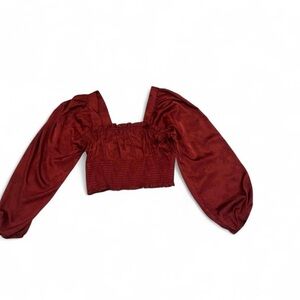 Coquette Square-Neck Smocked Crop Top with puffed sleeves in Wine Red
